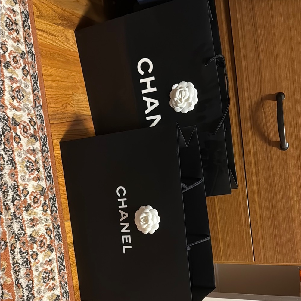 Chanel Black Shopping Bags with White Camellia